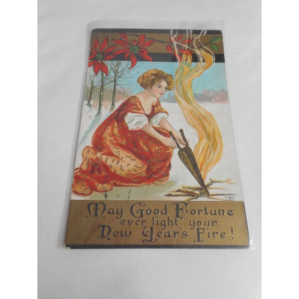Vintage New Year's Postcard posted written Fire Poinsettia 1910